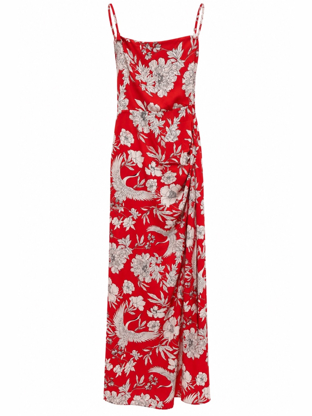 Express Red Maxi Slip Dress with White Floral & Crane Print